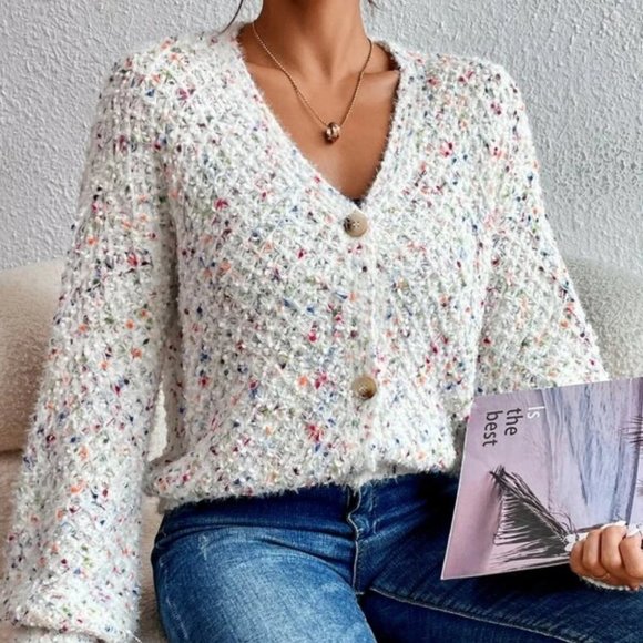 multi color soft Popcorn Drop Shoulder button down knit Sweater Cardigan - Picture 2 of 6